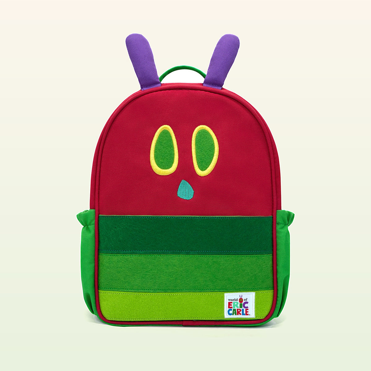 Rucksack Die Raupe Nimmersatt – Kinderrucksack mit Raupengesicht, lila Fühlern und Eric Carle Label – passend zum Quiet Book